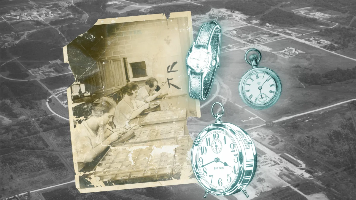 Photograph of Radium Dial Co. workers courtesy of the National Archives at Chicago. Background image courtesy of Argonne National Laboratory.Collage / WBEZ.org